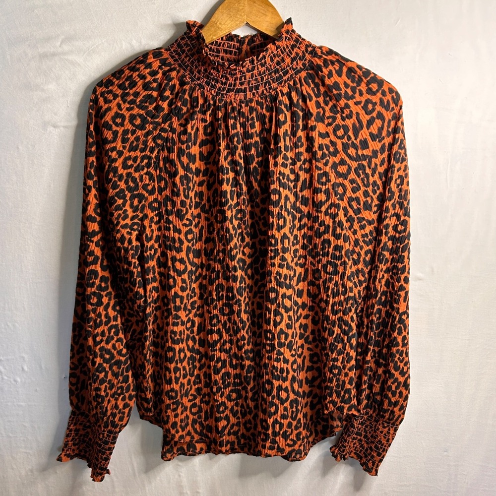 Loft Leopard Print Ruffle Smocked Long Sleeve Blouse Womens M Peasant Boho NWT